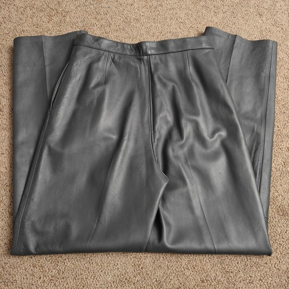 VTG West Bay Women Sz 14 Charcoal Gray Lamb Napa Leather‎ Pleated Trousers Pants